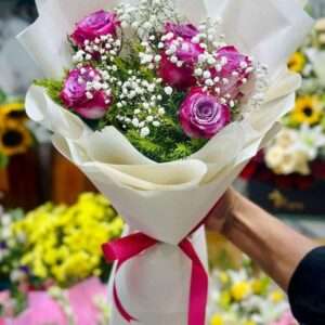 Magenta Rose & Baby's Breath Bouquet