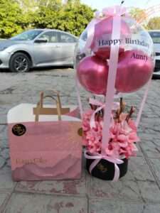 Pink Color Balloon Box with Layers Cake