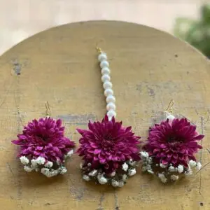 Magenta Flower Tikka With Matching Earrings