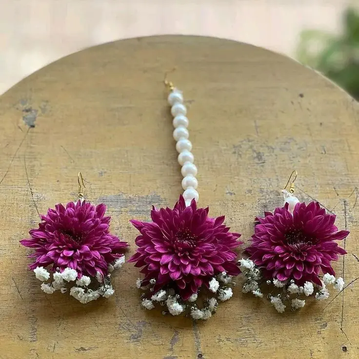 Magenta Flower Tikka With Matching Earrings
