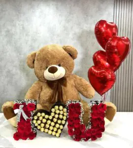 Royal Love Surprise – Teddy, Rose Letters & Heart Balloons