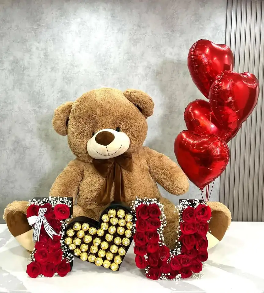 Royal Love Surprise – Teddy, Rose Letters & Heart Balloons